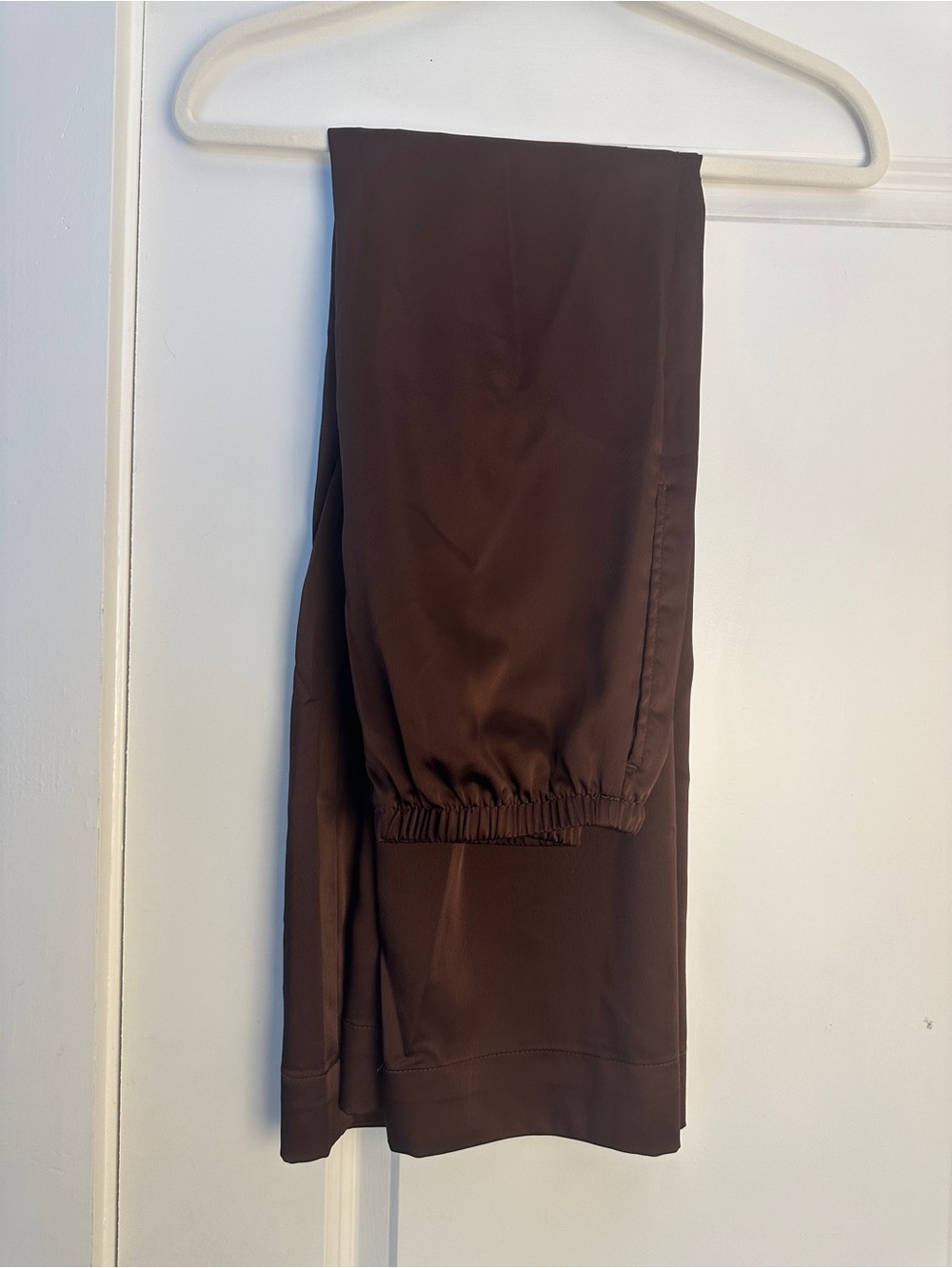 Brown Satin Elastic-Waist Pants
